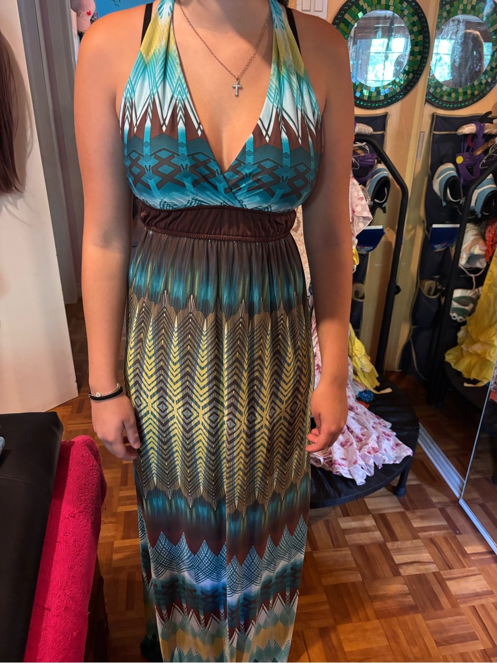 Halter Maxi Dress in Teal and Brown